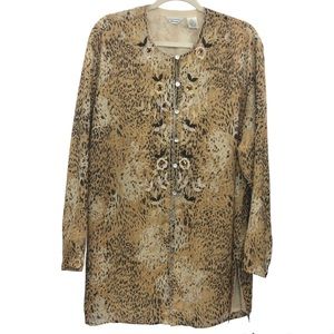 Laura Ashley 100% Silk Leopard Print 2X Embroidered Tunic Top